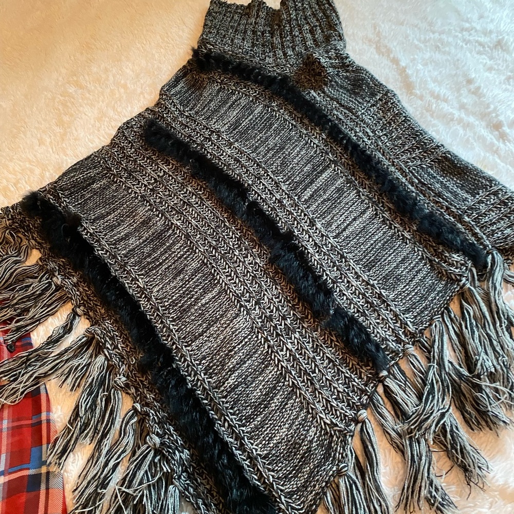 Mock neck fringe poncho- grey wool and real black Rabbit fur